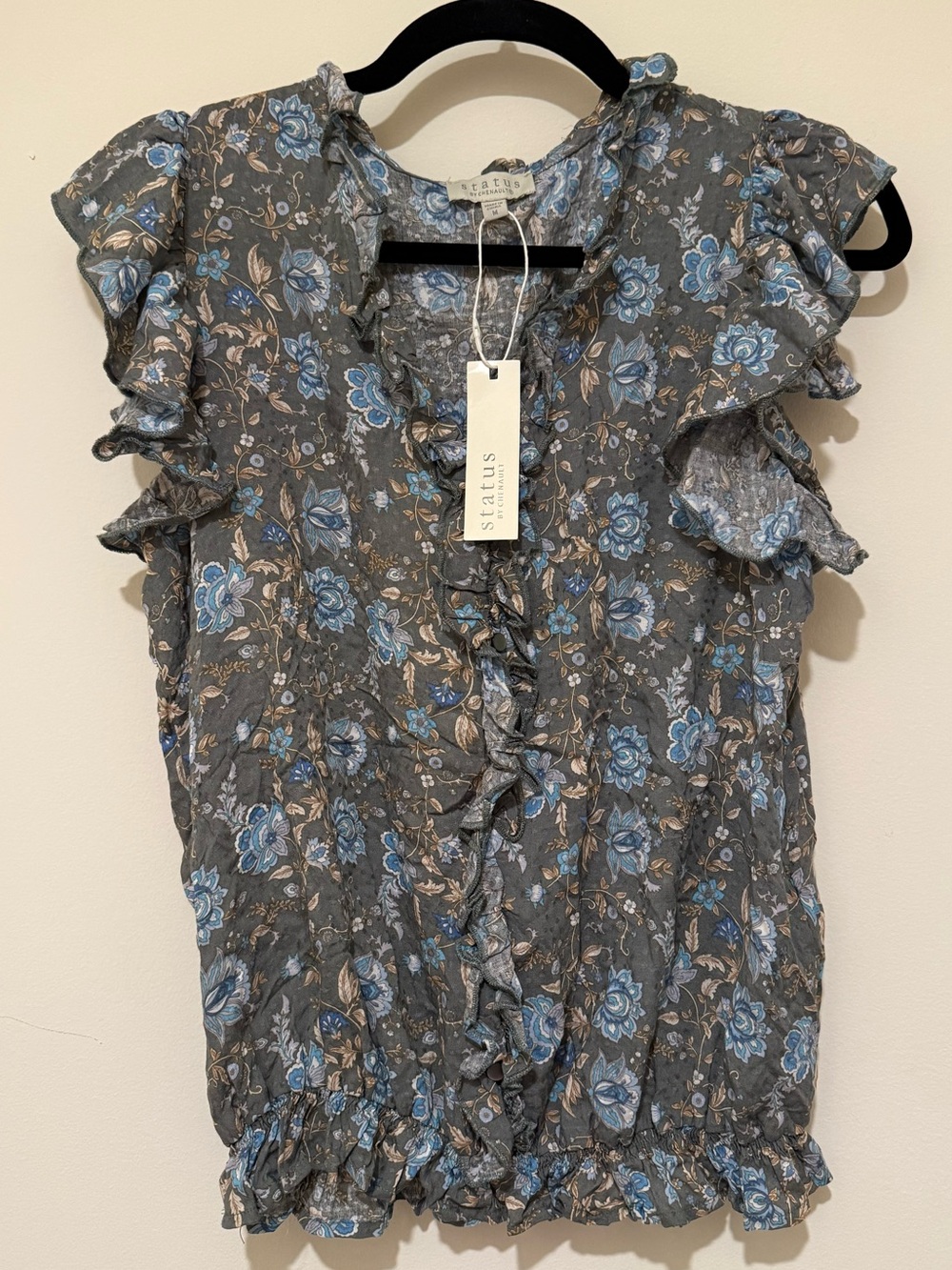 Status by Chenault Gray Top with Blue Floral Ruffle Details
